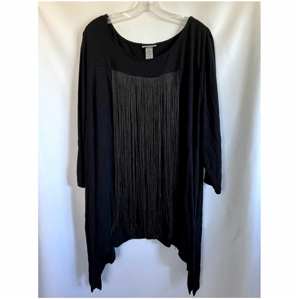Catherines Fringe Asymmetrical Stretch Sharkbite Hem Black Plus Tunic Top 3X